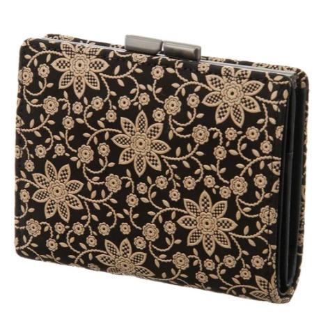 印傳屋 印伝 1604 がま口二つ折り財布 黒地／白漆 クレマチス