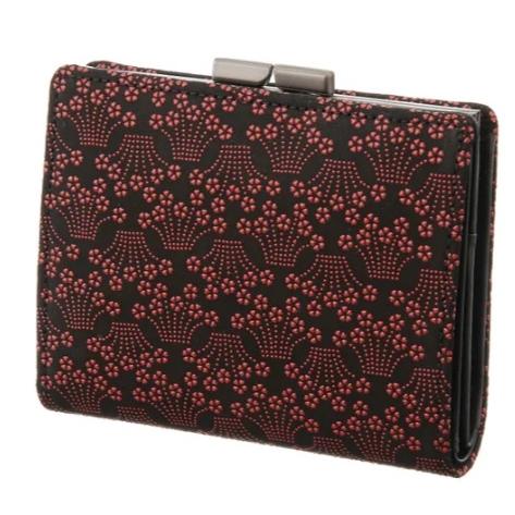印傳屋 印伝 1604 がま口二つ折り財布 黒地／赤漆 小桜菖蒲