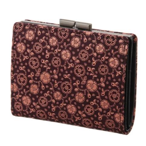 印傳屋 印伝 1604 がま口二つ折り財布 紫地／ピンク漆 椿