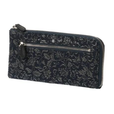 印傳屋 印伝 2305 L字ファスナー長財布 紺／グレー 花唐草