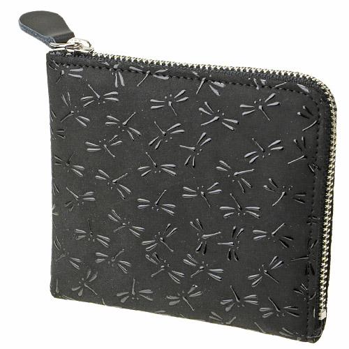 印傳屋 印伝 1011 L字ファスナーミニ財布 黒地／黒漆 とんぼ 全国送料430円