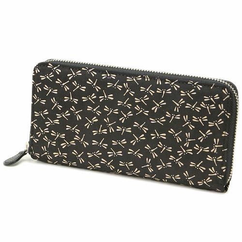 印傳屋 印伝 2317 ラウンドファスナー長財布 黒地／白漆 とんぼ