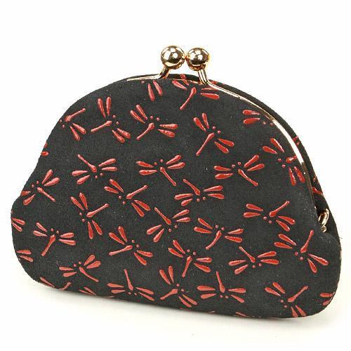 印傳屋 印伝 1104 がま口小銭入れ 黒地／赤漆 とんぼ 全国送料430円