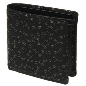 印傳屋 印伝 2008 二つ折り財布 黒地／黒漆 とんぼ