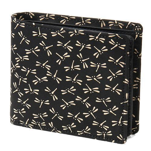 印傳屋 印伝 2009 二つ折り財布 黒地／白漆 とんぼ