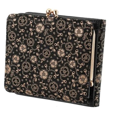 印傳屋 印伝 1608 がま口二つ折り財布 黒地／白漆 椿