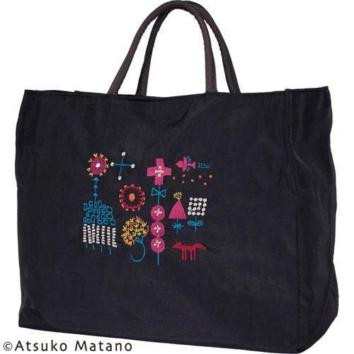 俣野温子マタノアツコ 刺繍マチ付トート大 小さな森（ブラック）