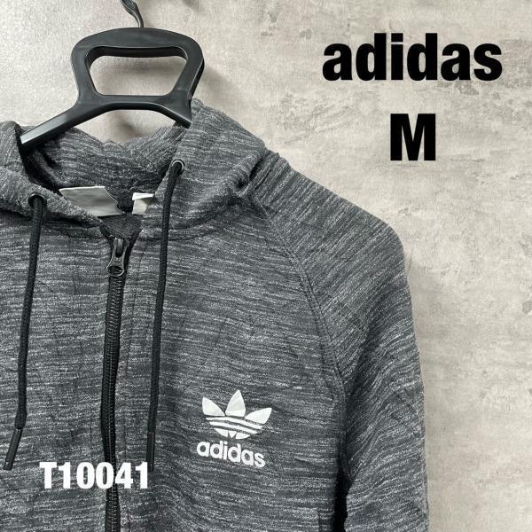 adidas グレー ジップアップ フーディー フード パーカー US M 長袖 ワンポイントロゴ ...