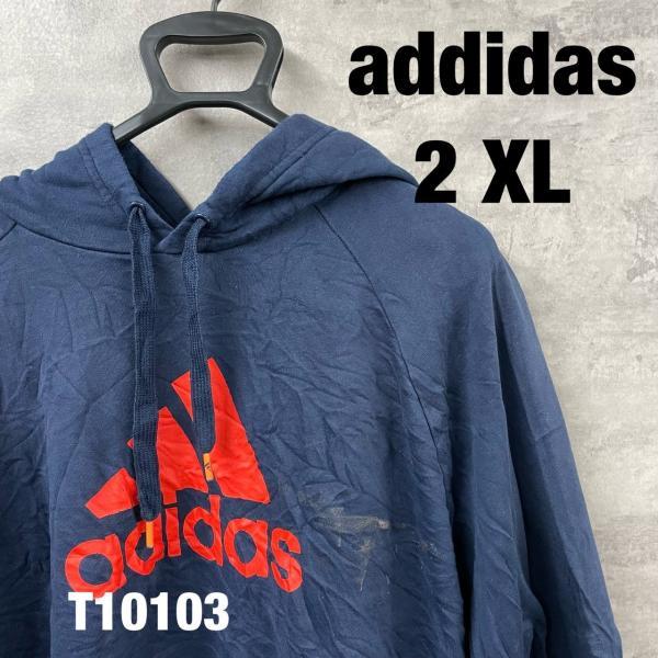 adidas アディダス ネイビー フーディー フード パーカー 2XL 長袖 ビッグロゴ プリント...