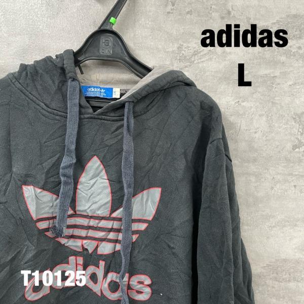 adidas カナダ製 ブラック フーディー フード パーカー 長袖 L ビックロゴ プリントロゴ ...