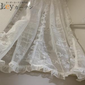 アンティーク刺繍レースのふりふりカーテンஐ⋆*ナチュラルリネン レースカーテン のれん フリル付き ホワイト 刺繍 柄 カーテン