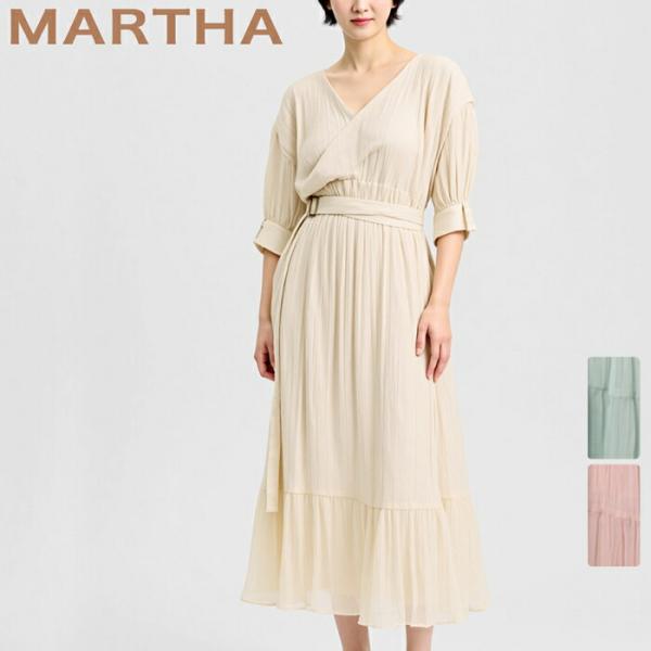 ワンピース Vネック MARTHA マーサ アシンメトリー アシメ 日本製 半袖 フレアー ロング ...
