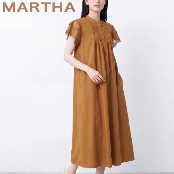 ワンピース フレアー ロング MARTHA マーサ バンドカラー レース使い 半袖 ショートスリーブ...