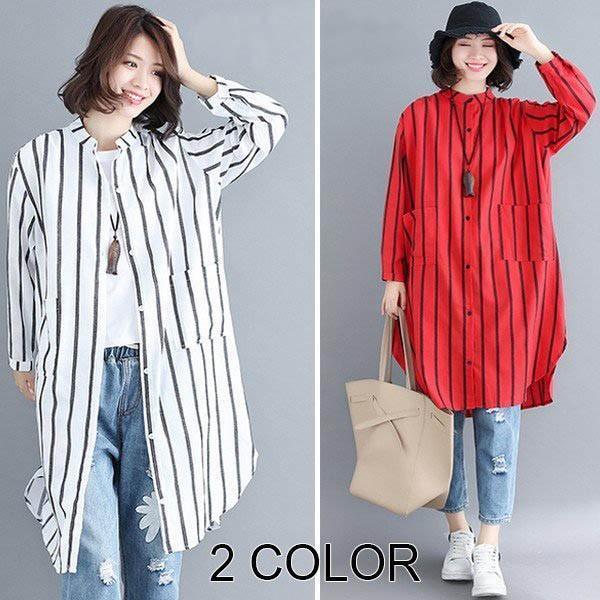 レディース トップス シャツ ストライプ ロングシャツ 長袖 シャツワンピース カーディガン 羽織り...