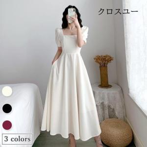 半袖ワンピース レディース ワンピース スクエアネック レトロ ロングワンピ 夏 ドレス 半袖 マキシ丈ワンピース チュニック 結婚式 パーティー