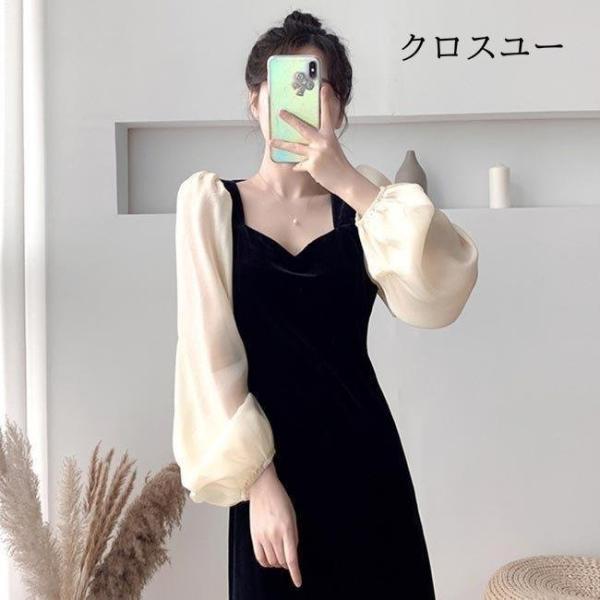 ベロアワンピース レディース ロングワンピ 長袖 春 ワンピース レトロ バルーンスリーブ ドレス ...