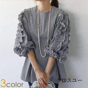 ギンガムチェック シャツブラウス バルーンスリーブ フリル 七分袖 レディース トップス