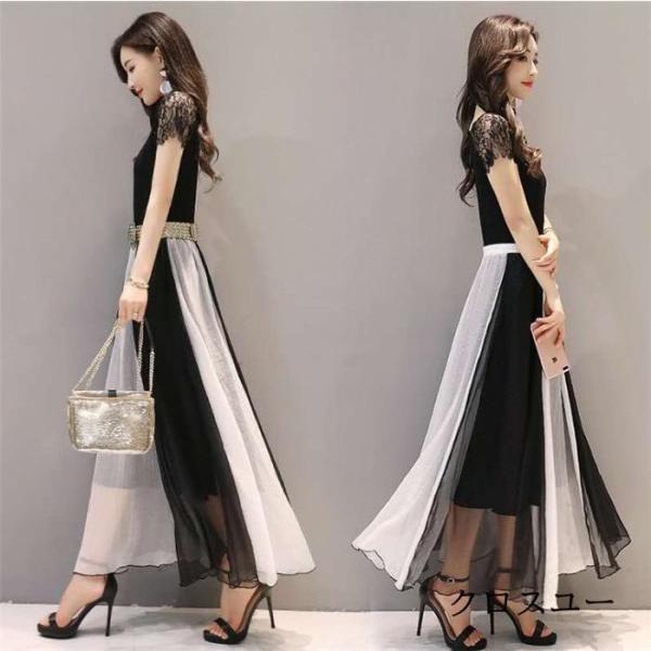 ロングワンピース 夏 春 レディース ワンピース 半袖 マキシ丈 aライン シフォン 切り替え 体型...