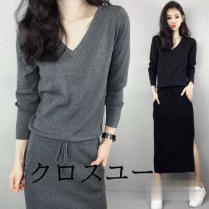 ワンピース レディース 長袖 膝下 ｖネックワンピ 50代 きれいめ 通勤40代 着痩せ
