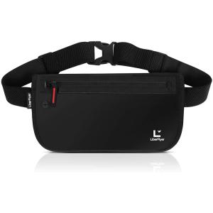 【公式】セキュリポ Lサイズ 大きめ 薄型 セキュリティポーチ スキミング防止 ウエストポーチ メンズ 撥水 パスポートケース（Black 赤ジッパー）