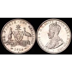 オーストラリア 1916M KGV 2/- Florin ライトゴールドトーン、UNC。レン猫2500ドル。
