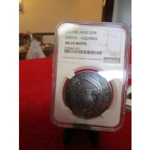 ベラルーシ 2013 .925 シルバー スワロフスキー $20 ゾディアック - アクエリアス NGC MS69 マット ポップ 1