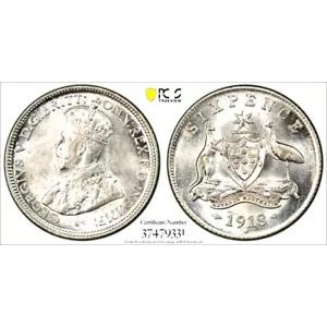 オーストラリア 1918 シックスペンス キーデイト ローミント PCGS AU58 aUNC 8 パール & フルラスター