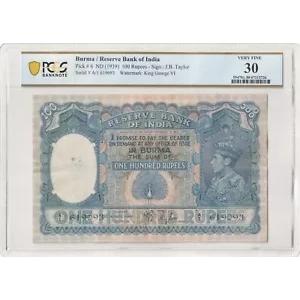 ビルマ インド準備銀行 100 ルピー ND (1939) P#6 PCGS 紙幣 極細 30