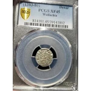ダン I 1383 〜 1386 AD 。中世のワラキア。シルバーデナール。 PCGS XF 45。非常に珍しい