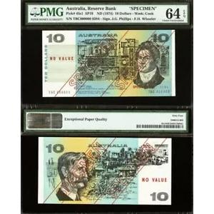オーストラリア 1974 フィリップス ウィーラー タイプ 3 $10 標本紙幣 PMG Choice Unc 6...
