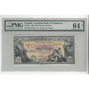 1935 年 カナダ商業銀行 20 ドル紙幣 Cat#75-18-10 SN#007679 PMG MS-64