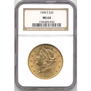 1904-S $20 US リバティ ヘッド ダブル イーグル ゴールド コイン - NGC MS64
