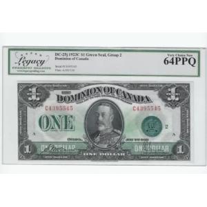 1923年ドム。カナダ DC-25j グリーン シール Gr2 $1 SN# C 4395545 レガシー MS-64 PPQ