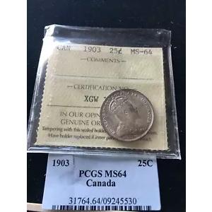 1903 ICCS/PCGS カナダ等級、?25 セント、**MS-64** 証明書番号 XGW 164