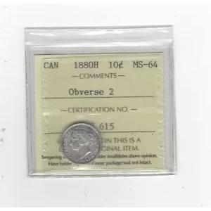 1880H Obv#2**、ICCS グレード カナディアン、シルバー 10 セント、**MS-64**