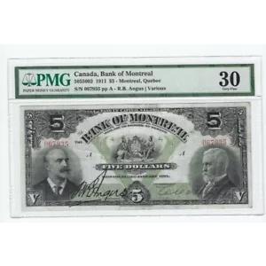 1911 モントリオール銀行 5 ドル紙幣 Cat#5055002 SN# 067935 PMG 30 説明を参照