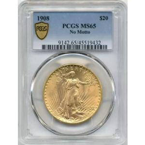 1908年 $20 US No Motto St. Gaudens ダブルイーグル金貨 - PCGS MS65