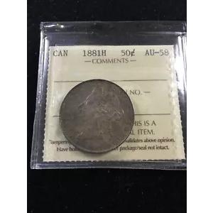 1881H ICCS グレード カナディアン シルバー 50 セント、**AU-58**