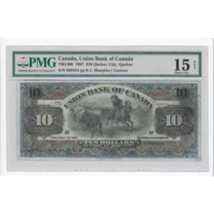 1907 年カナダ ユニオン銀行 10 ドル紙幣 Cat# 730-14-08 SN# 058454 PMG NET-15 DES を参照