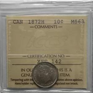 1872H カナダ シルバー 10 セント ICCS 認定 MS-63。 #C542