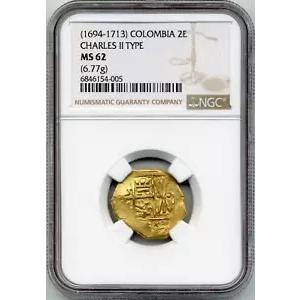 (1694-1713) コロンビア 2 エスクード、チャールズ 2 世金貨 - 未流通、NGC MS 62