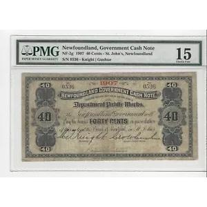 1907 年、ニューファンドランド紙幣、NF-2g : ?.40 紙幣、SN# 0536 PMG F-15
