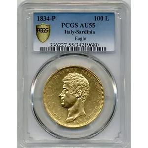 1834-P 100 リラ イタリア サルデーニャ 金貨、カルロ アルベルト - PCGS AU55