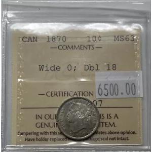1870 Wide O、Doubled 18 Victorian Canada 10 Cent ICCS Certified MS-63。 M-336