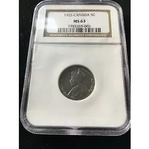 1925 NGC グレード カナディアン、5 セント、**MS-63**