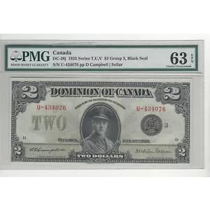1923 ドム オブ カナダ DC-26j、$2 カム/セル SN U-434076、Bl Sl Gr 3 PMG 63 EPQ
