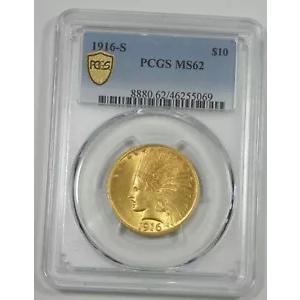1916-S ゴールド インディアン ヘッド $10 認定 PCGS セキュア プラス MS 62