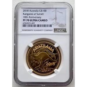 NGC PF70 オーストラリア 2018 カンガルー アット サンセット 10 周年記念金貨 1オンス G$100