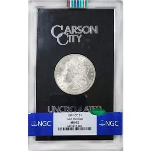 1891-CC モーガン シルバー ダラー GSA ホード NGC MS62 CAC 箱と COA 付き