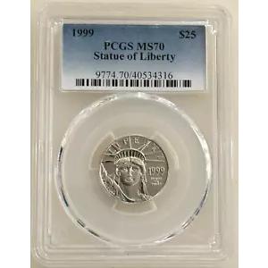 1999 $25 プラチナ イーグル 自由の女神 PCGS MS70 1/4 オンス ポップ 15